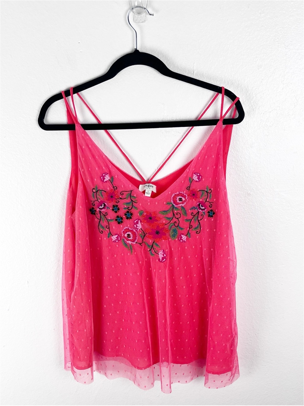 UMGEE Pink Swiss Dots Floral Strappy Lace Trim Top Large Boho Festival Concert